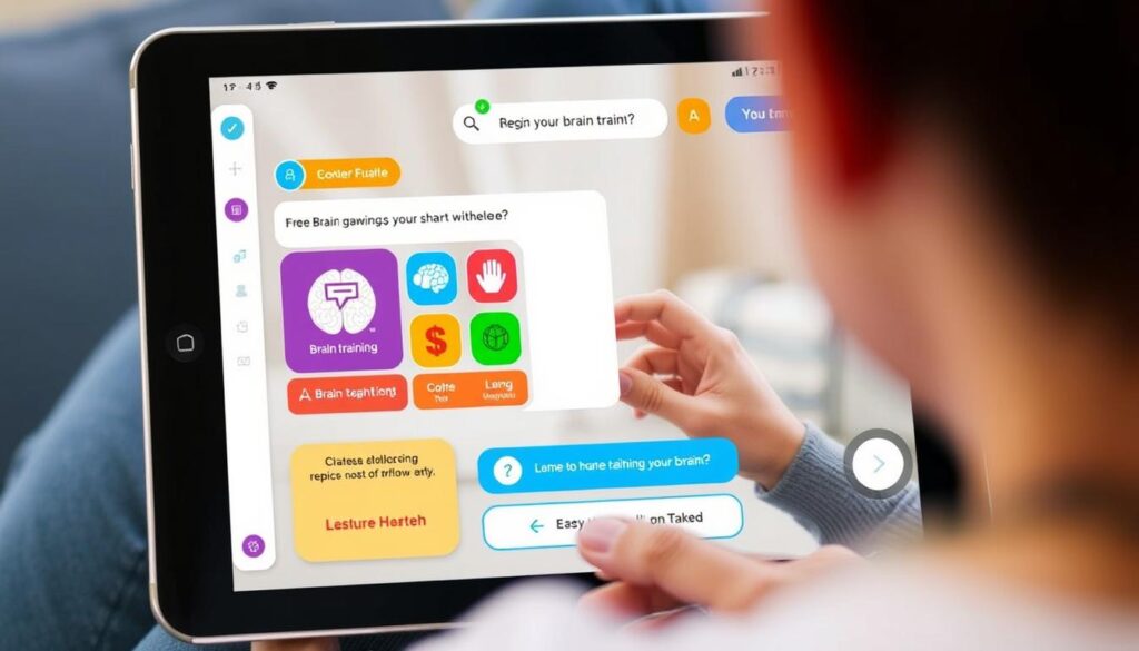 Generate an image of the Elevate app interface on a tablet, showing a user engaging with a brain training game.