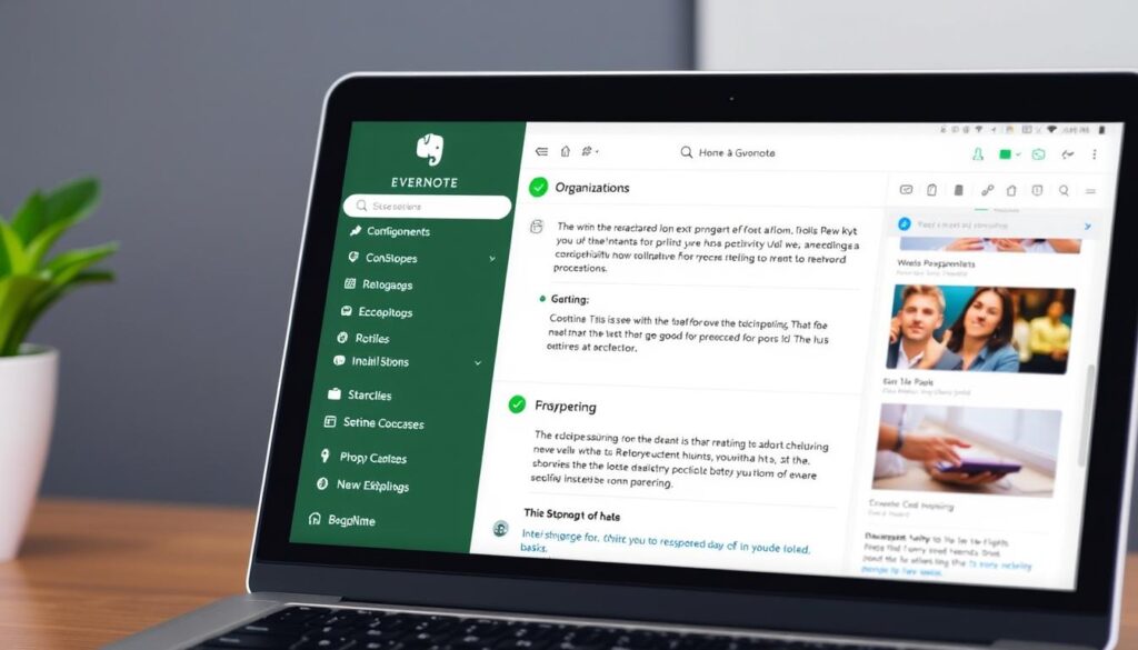 Generate an image of the Evernote app interface on a laptop screen, showcasing its note-taking features.