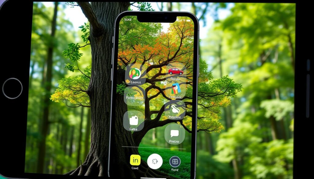 Generate an image of the Forest app interface showing a growing virtual tree.