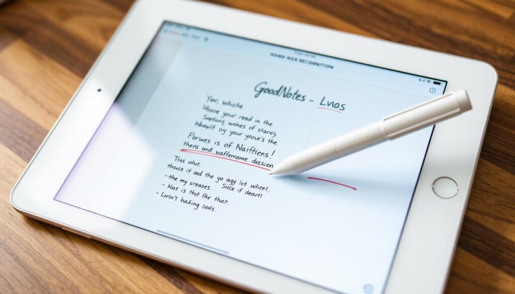 Generate an image of the GoodNotes app interface on an iPad screen, highlighting its handwriting recognition feature.