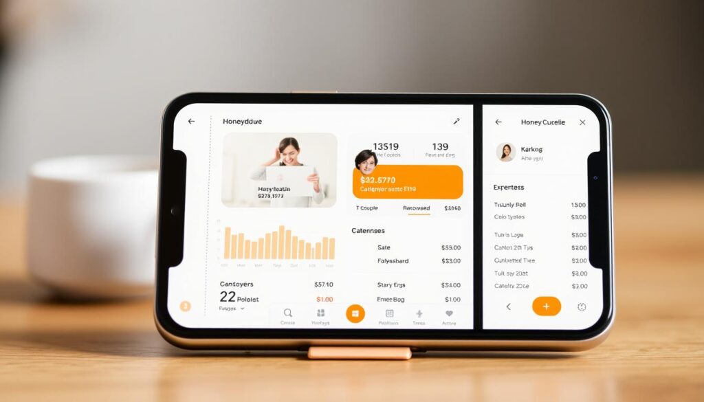 Generate an image of the Honeydue app interface on a mobile device, showing a couple's financial overview.