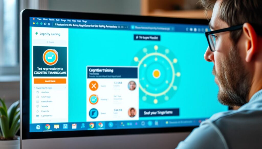 Generate an image of the Lumosity app interface on a computer, showing a user engaging with a cognitive training game.