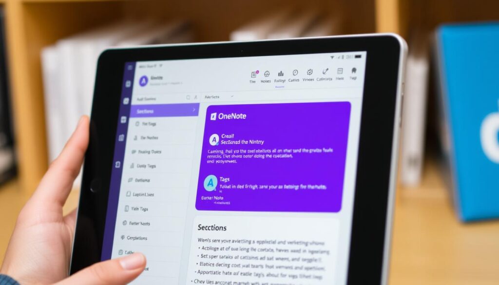 Generate an image of the Microsoft OneNote app interface on a tablet screen, highlighting its organization features.