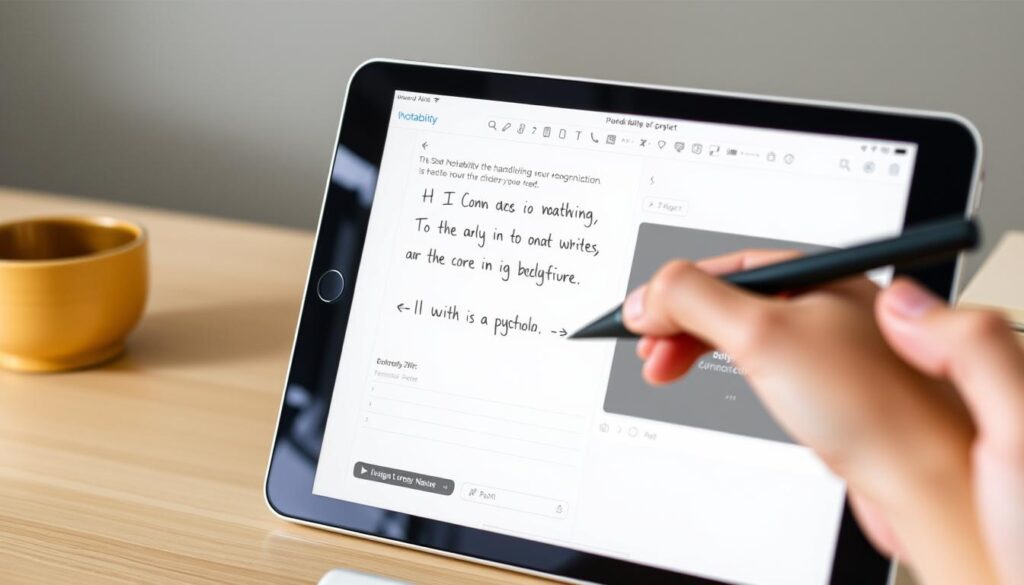 Generate an image of the Notability app interface on an iPad screen, showcasing its handwriting recognition feature.