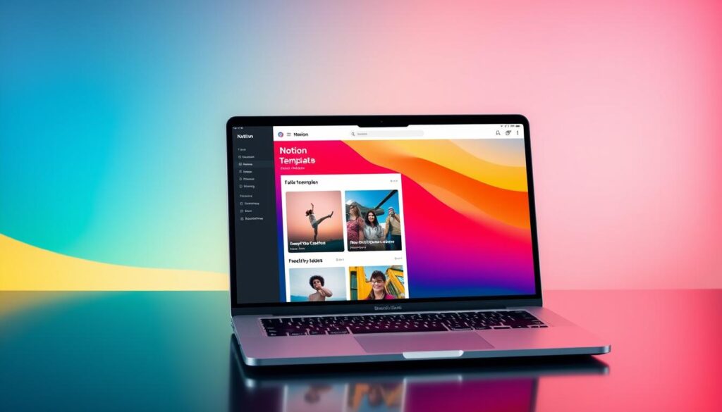 Generate an image of the Notion app interface on a laptop screen, showcasing its customizable templates feature.