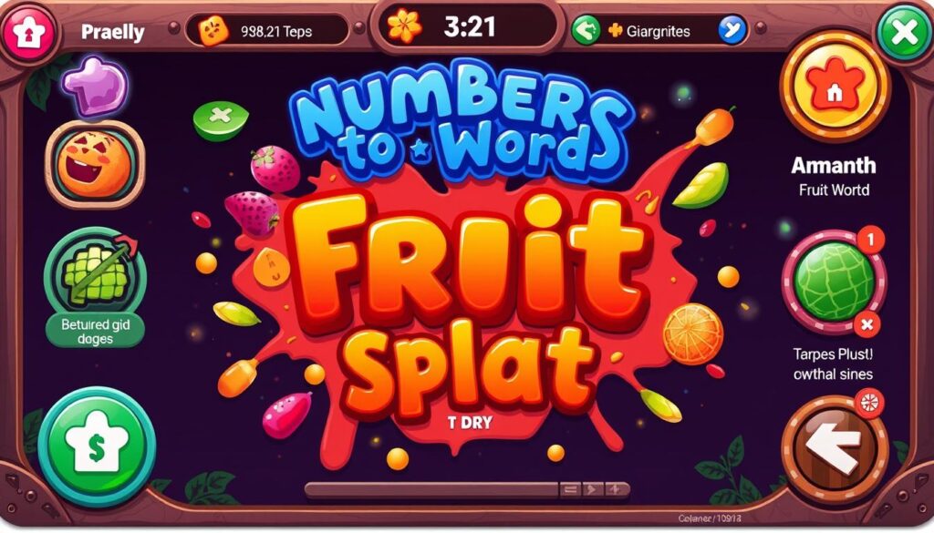 Generate an image of the Numbers to Words Fruit Splat game interface.