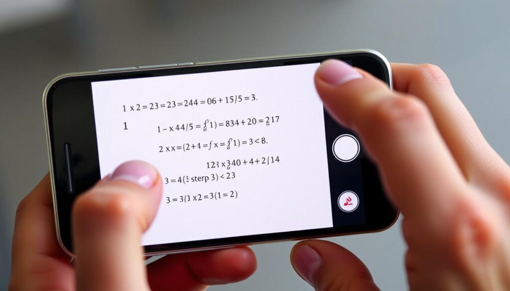 Generate an image of the PhotoMath app interface on a smartphone, showing a user scanning a math problem and viewing the step-by-step solution.