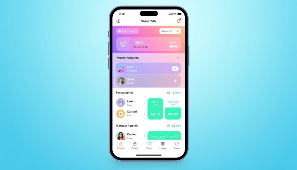 Generate an image of the Wallet by BudgetBakers app interface showing various financial accounts and transaction categories.
