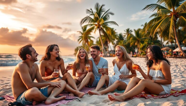 Group of friends enjoying sunset at a tropical beach for a 7 trip ideas with friends beach getaway