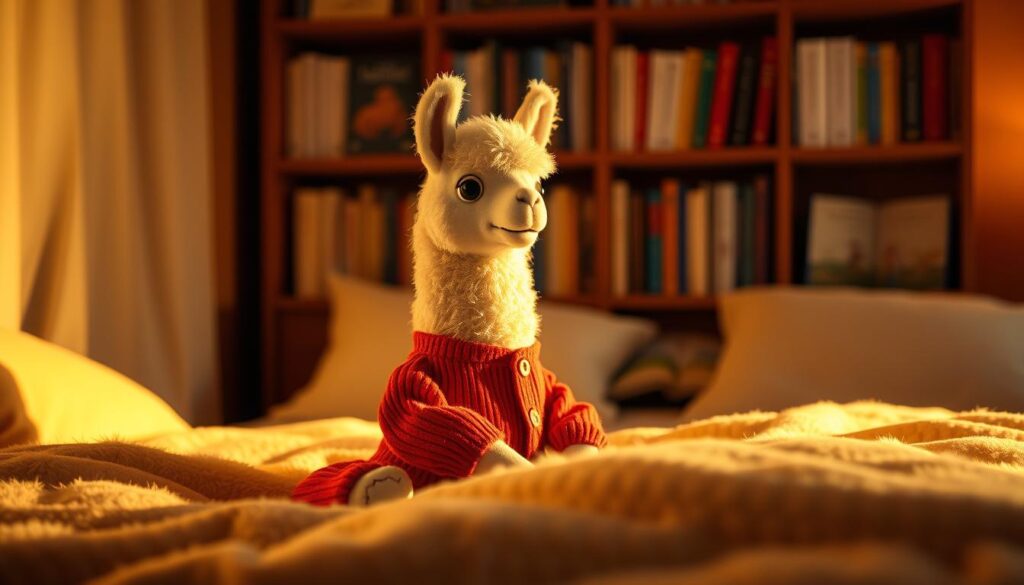 Llama Llama in cozy red pajamas sitting on a soft, plush bed, surrounded by a warm, dimly lit bedroom. Soft, golden lighting illuminates the scene, casting gentle shadows. In the background, a bookshelf filled with storybooks, hinting at the beloved tale. Llama Llama's expression is calm and content, inviting the viewer to join him in this peaceful, bedtime moment. The composition is balanced, with the Llama Llama figure positioned centrally, allowing the details of the bedroom to frame the scene. The overall mood is serene, nostalgic, and conducive to a soothing bedtime story.