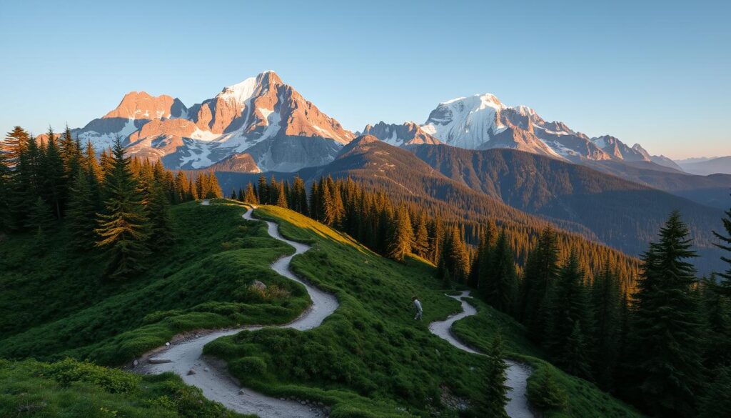 Majestic mountain trails wind through lush, verdant forests, leading hikers on an enchanting journey. Towering peaks stand tall in the distance, their snow-capped summits catching the warm, golden light of the sun. Winding paths meander through the undergrowth, inviting explorers to discover hidden vistas and tranquil meadows. Soft, diffused lighting bathes the scene in a serene, atmospheric glow, casting long shadows that add depth and dimension. The image conveys a sense of adventure and wonder, perfectly capturing the essence of a thrilling mountain hiking experience.