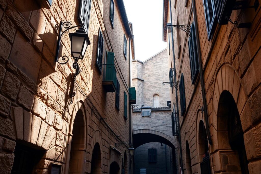 Narrow medieval streets of Barcelona's Gothic Quarter with historic architecture Narrow medieval streets of Barcelona's Gothic Quarter with historic architecture
