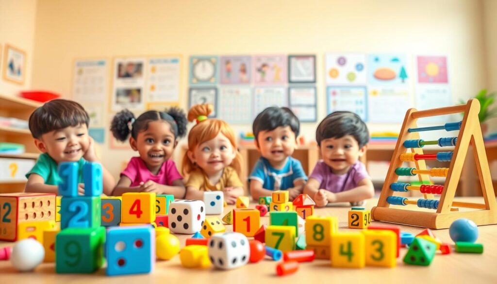 Number games for kids illustrated in a vibrant, whimsical scene. In the foreground, colorful number blocks, dice, and abacus pieces are arranged playfully. In the middle ground, children of diverse backgrounds enthusiastically engage with the number games, their expressions filled with curiosity and delight. The background depicts a cheerful, lightly textured classroom setting, with educational posters and learning aids lining the walls. Soft, warm lighting imbues the scene with a cozy, inviting atmosphere, encouraging hands-on exploration and discovery. The overall composition emphasizes the joyful, interactive nature of number games as effective tools for early childhood numeracy development. Number games for kids illustrated in a vibrant, whimsical scene. In the foreground, colorful number blocks, dice, and abacus pieces are arranged playfully. In the middle ground, children of diverse backgrounds enthusiastically engage with the number games, their expressions filled with curiosity and delight. The background depicts a cheerful, lightly textured classroom setting, with educational posters and learning aids lining the walls. Soft, warm lighting imbues the scene with a cozy, inviting atmosphere, encouraging hands-on exploration and discovery. The overall composition emphasizes the joyful, interactive nature of number games as effective tools for early childhood numeracy development.