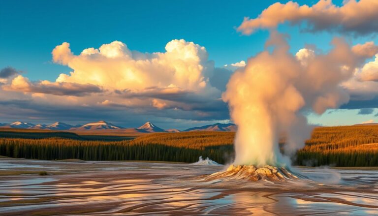 Old Faithful geyser erupting in Yellowstone National Park, one of America's 10 most stunning national parks
