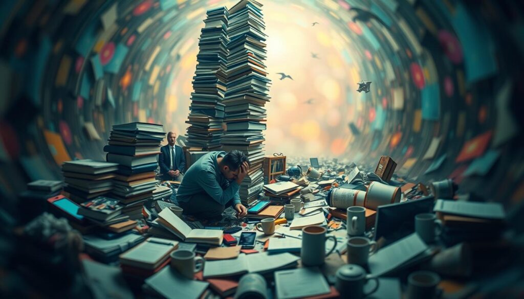 Procrastination cycle: a surreal, dreamlike scene of a person trapped in a perpetual loop, surrounded by a swirling vortex of distractions and temptations. In the foreground, the figure is hunched over, lost in a haze of smartphone screens and social media feeds. Ascending behind them, a towering stack of unfinished tasks and deadlines, casting an ominous shadow. In the middle ground, a chaotic jumble of half-read books, scattered notes, and abandoned coffee mugs. The background fades into a blurred, kaleidoscopic landscape of vibrant colors and fragmented shapes, representing the fragmented, disoriented state of mind associated with procrastination. The overall mood is one of anxiety, paralysis, and a sense of being overwhelmed, captured through a surreal, cinematic lens with dramatic lighting and a shallow depth of field.