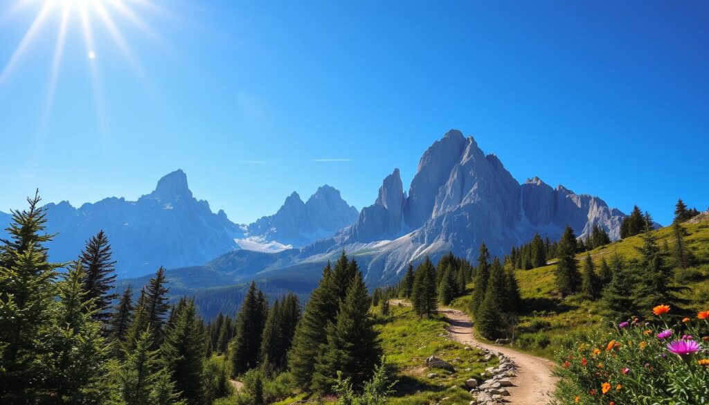 Rugged mountain peaks rise against a crisp, azure sky, their jagged silhouettes etched in bold relief. Winding trails snake through verdant forests, dotted with vibrant wildflowers that sway gently in the cool, refreshing breeze. Sunlight filters through the canopy, casting a warm, golden glow over the scene, illuminating the path ahead and inviting the viewer to embark on an invigorating trek. The atmosphere radiates a sense of tranquility and connection with the natural world, capturing the essence of the outdoor experience that beckons the adventurous spirit.