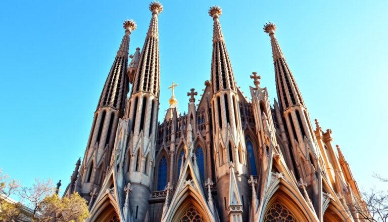 Sagrada Família basilica in Barcelona with its distinctive towers and intricate facades