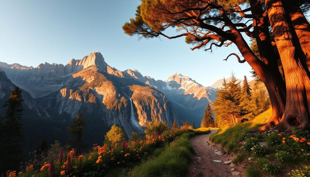 Scenic mountain trails winding through lush, verdant forests, with towering peaks reaching toward the sky. The foreground features a well-trodden path, flanked by vibrant wildflowers and ancient, gnarled trees casting long shadows. The middle ground showcases rugged granite cliffs and cascading waterfalls, while the distant background is dominated by majestic, snow-capped mountains bathed in warm, golden sunlight. The scene is captured with a wide-angle lens, creating a sense of depth and grandeur, and the overall mood is one of tranquility and adventure, inviting the viewer to embark on an awe-inspiring hike through this pristine, untamed wilderness.