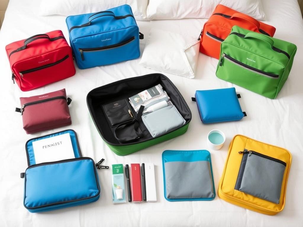 Set of matching travel organizers in different colors for friend group trips Set of matching travel organizers in different colors for friend group trips