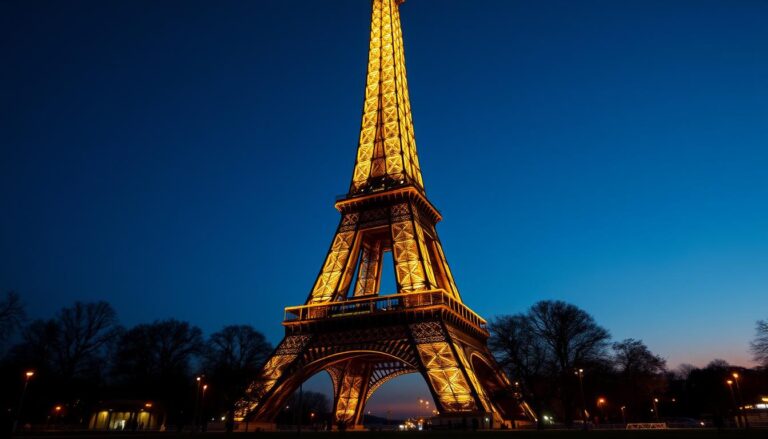 The Eiffel Tower in Paris illuminated at night against a twilight sky, showcasing its iconic iron lattice structure