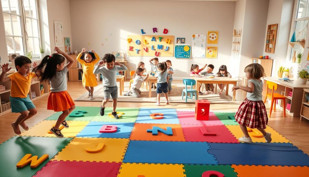 Vibrant alphabet-themed movement game set in a cozy, sun-dappled preschool classroom. In the foreground, children joyfully jump, twist, and dance as they form letters with their bodies. Colorful foam mats and oversized alphabet puzzle pieces dot the floor. In the middle ground, a diverse group of young learners engage in playful letter-matching activities at low tables. Soft, natural lighting filters in through large windows, creating a warm, inviting atmosphere. Plush rugs, cheerful wall decals, and educational posters line the background, establishing a nurturing, stimulating learning environment. Vibrant alphabet-themed movement game set in a cozy, sun-dappled preschool classroom. In the foreground, children joyfully jump, twist, and dance as they form letters with their bodies. Colorful foam mats and oversized alphabet puzzle pieces dot the floor. In the middle ground, a diverse group of young learners engage in playful letter-matching activities at low tables. Soft, natural lighting filters in through large windows, creating a warm, inviting atmosphere. Plush rugs, cheerful wall decals, and educational posters line the background, establishing a nurturing, stimulating learning environment.