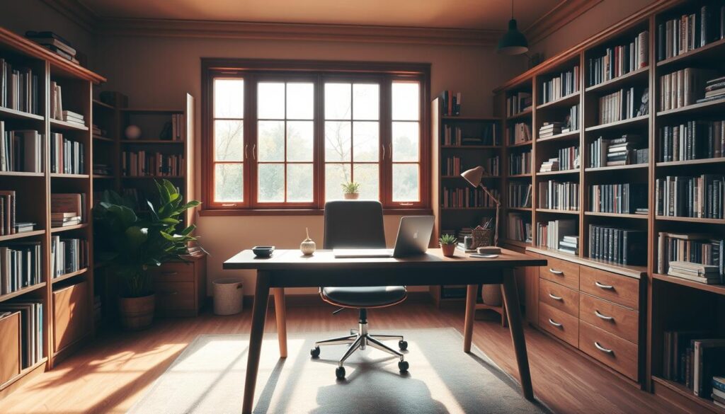 a cozy and well-organized study space with a large wooden desk, a comfortable chair, and plenty of natural light streaming in through a large window. The room has warm, earthy tones and features bookshelves lining the walls, creating a sense of intellectual stimulation. On the desk, there is a laptop, a few books, a pen holder, and a small succulent plant, all neatly arranged. The lighting is soft and ambient, with a table lamp providing a gentle glow. The atmosphere is calm and conducive to focused work, encouraging the viewer to feel inspired and motivated to study.