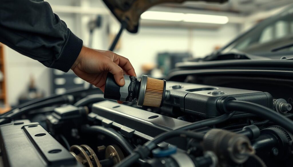 a detailed, high-resolution image of an oil filter being replaced on a car engine, with a well-lit, clean and organized workspace in the background. The mechanic's hands are visible, carefully unscrewing the old filter and preparing to install a new one. The engine block, oil pan, and other components are visible, providing context. The lighting is soft and diffused, highlighting the textures and details of the equipment. The overall atmosphere is one of precision, focus, and attention to detail, reflecting the importance of this maintenance task.