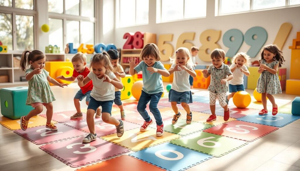a friendly and energetic scene of a group of children enthusiastically playing a number-based physical game in a bright, sun-filled indoor play space. the foreground shows several young kids moving their bodies dynamically, with hands and feet positioned on large colorful numbered tiles on the floor. the middle ground depicts a variety of playful props and toys related to numbers and counting, like oversized dice, large number shapes, and number-themed activity mats. the background features cheerfully-decorated walls with number-themed murals and graphics, with natural light flooding in through large windows. the overall mood is one of joyful learning and active engagement, creating an inviting atmosphere for active number recognition and motor skill development. a friendly and energetic scene of a group of children enthusiastically playing a number-based physical game in a bright, sun-filled indoor play space. the foreground shows several young kids moving their bodies dynamically, with hands and feet positioned on large colorful numbered tiles on the floor. the middle ground depicts a variety of playful props and toys related to numbers and counting, like oversized dice, large number shapes, and number-themed activity mats. the background features cheerfully-decorated walls with number-themed murals and graphics, with natural light flooding in through large windows. the overall mood is one of joyful learning and active engagement, creating an inviting atmosphere for active number recognition and motor skill development.