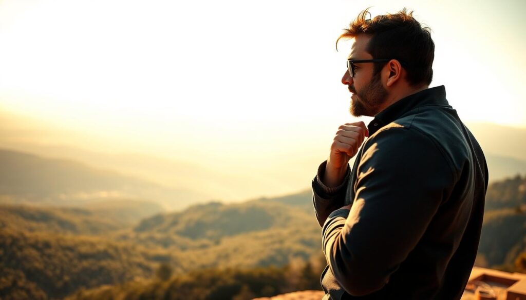 a man standing on a ledge or precipice, looking out over a vast landscape, with a thoughtful, determined expression on his face, signifying a mindset shift and taking ownership of his life. The foreground shows the man in sharp focus, wearing casual yet refined clothing, with the middle ground revealing a majestic, sun-dappled vista of rolling hills, forests, and a distant horizon. The background is softly blurred, creating a sense of depth and emphasizing the man's introspective focus. The lighting is warm and slightly dramatic, casting shadows that add depth and dimension to the scene. The overall mood is one of contemplation, resolve, and a newfound sense of personal agency.