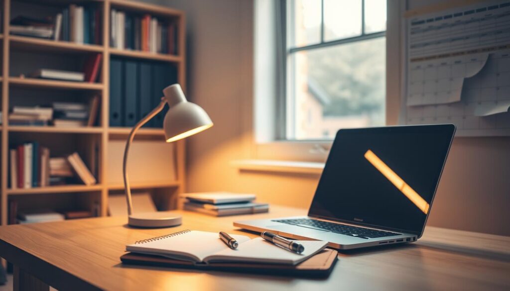 a study desk with a notebook, pen, and laptop, illuminated by a warm desk lamp in a cozy, well-lit home office setting. The desk is situated next to a window, allowing natural light to filter in, creating a peaceful and focused ambiance. In the background, a bookshelf filled with educational materials and a wall calendar highlight the organized nature of the study space. The overall composition conveys the benefits of a structured study schedule, including increased productivity, better time management, and a sense of control over one's academic pursuits.