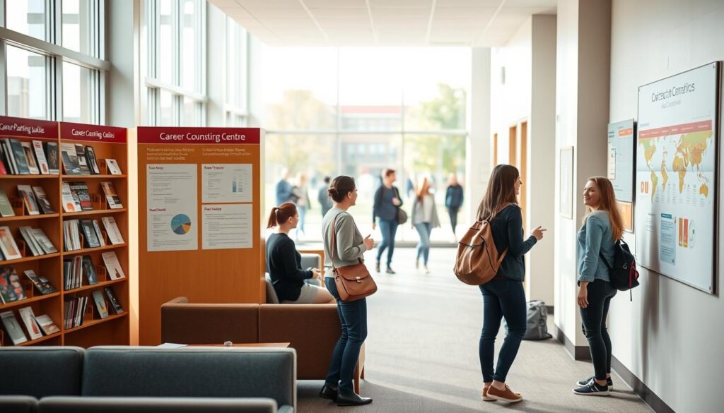 A bright, airy college campus setting with a prominent career counseling center in the foreground. The center features a warm, inviting lobby with comfortable seating and informative displays showcasing various resources - brochures, career planning guides, and QR codes linking to online tools. In the middle ground, students are engaged in one-on-one discussions with advisors, gesturing towards wall-mounted career maps and job outlook charts. The background has a subtle, blurred view of the bustling campus, with students walking between academic buildings. Soft, natural lighting filters through large windows, creating a welcoming and inspirational atmosphere.