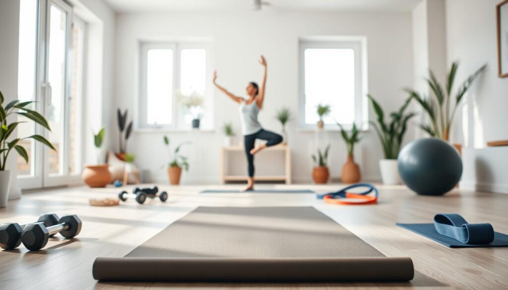 A bright, airy home gym with natural light filtering in through large windows. In the foreground, a yoga mat is neatly positioned, surrounded by an array of fitness equipment - dumbbells, resistance bands, and a stability ball. In the middle ground, a person performs a series of balanced exercises, their movements graceful and controlled. The background showcases a minimalist, zen-inspired decor, with potted plants and a serene, neutral color palette. The lighting is soft and diffused, creating a calming, rejuvenating atmosphere, perfect for a balanced home workout routine focused on overall wellness. A bright, airy home gym with natural light filtering in through large windows. In the foreground, a yoga mat is neatly positioned, surrounded by an array of fitness equipment - dumbbells, resistance bands, and a stability ball. In the middle ground, a person performs a series of balanced exercises, their movements graceful and controlled. The background showcases a minimalist, zen-inspired decor, with potted plants and a serene, neutral color palette. The lighting is soft and diffused, creating a calming, rejuvenating atmosphere, perfect for a balanced home workout routine focused on overall wellness.