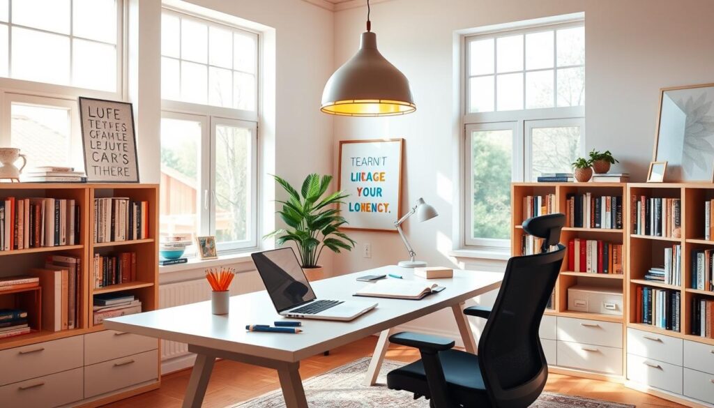A bright, airy home office with ample natural light streaming through large windows. Ergonomic desk and chair setup, with a laptop, notebook, and pencils neatly arranged. Bookshelves line the walls, filled with educational resources. A potted plant and a inspirational artwork accent the space, creating a calm, focused atmosphere. Warm, diffused lighting from a pendant lamp overhead, with a soft glow that encourages productivity. The room's layout is thoughtfully designed to minimize distractions and optimize the learning experience. A bright, airy home office with ample natural light streaming through large windows. Ergonomic desk and chair setup, with a laptop, notebook, and pencils neatly arranged. Bookshelves line the walls, filled with educational resources. A potted plant and a inspirational artwork accent the space, creating a calm, focused atmosphere. Warm, diffused lighting from a pendant lamp overhead, with a soft glow that encourages productivity. The room's layout is thoughtfully designed to minimize distractions and optimize the learning experience.
