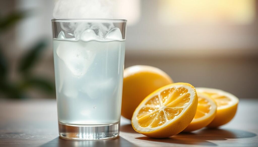 A bright, refreshing glass of lemon water stands in the foreground, steam gently rising from the clear liquid. In the middle ground, sliced lemons are artfully arranged, their vibrant yellow hues contrasting with the glass's transparency. The background is blurred, allowing the viewer to focus on the self-care ritual of sipping this healthy, revitalizing beverage. Soft, natural lighting casts a warm glow, creating a sense of tranquility and rejuvenation. The composition is balanced, inviting the viewer to pause, reflect, and embrace this simple yet powerful moment of self-care. A bright, refreshing glass of lemon water stands in the foreground, steam gently rising from the clear liquid. In the middle ground, sliced lemons are artfully arranged, their vibrant yellow hues contrasting with the glass's transparency. The background is blurred, allowing the viewer to focus on the self-care ritual of sipping this healthy, revitalizing beverage. Soft, natural lighting casts a warm glow, creating a sense of tranquility and rejuvenation. The composition is balanced, inviting the viewer to pause, reflect, and embrace this simple yet powerful moment of self-care.