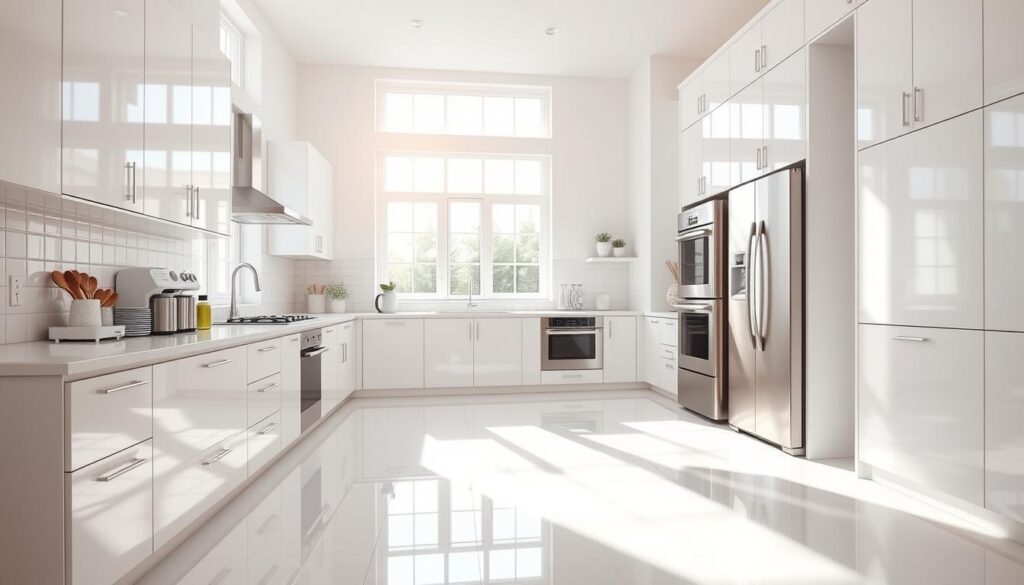 A bright, spotless kitchen with gleaming surfaces and meticulously organized appliances. Sunlight streams through large windows, illuminating the space with a warm, inviting glow. The countertops are free of clutter, their pristine white surfaces reflecting the clean, minimalist aesthetic. Sleek, stainless-steel appliances stand at the ready, their doors and handles polished to a shine. Crisp, white cabinets line the walls, their contents neatly arranged and easily accessible. The floor is immaculately clean, the tiles glistening with a fresh, just-mopped sheen. The overall impression is one of order, cleanliness, and efficiency - a kitchen primed for deep, thorough cleaning.