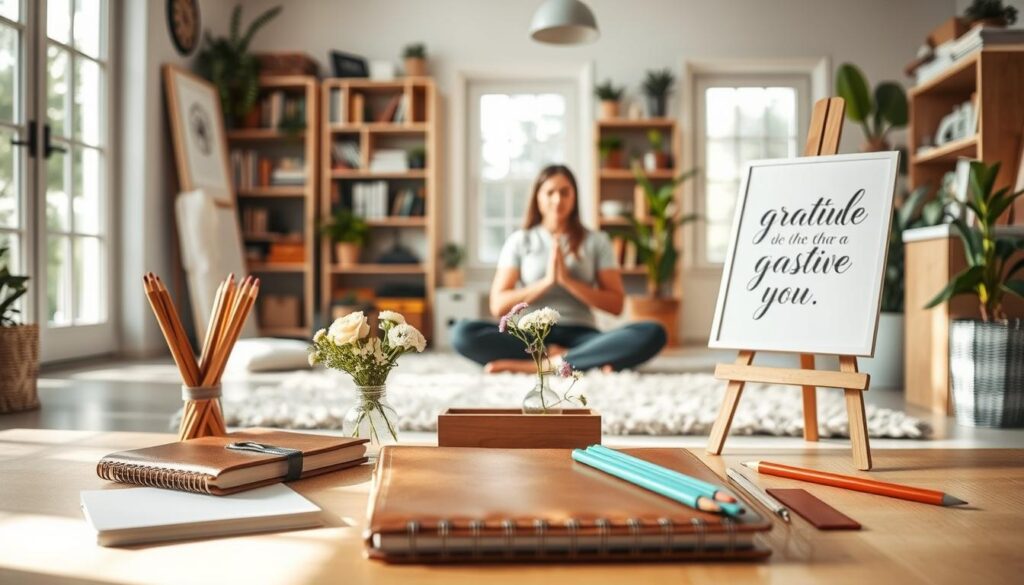 A brightly lit, airy studio space with natural light streaming in from large windows. In the foreground, an array of creative gratitude tools are artfully arranged - a leather-bound journal, a wooden box of colored pencils, a small vase of fresh flowers, and a calligraphic quote framed on an easel. In the middle ground, a person sits cross-legged on a plush rug, hands clasped in meditation, surrounded by these elements. The background features shelves of books, potted plants, and a sense of warmth and inspiration. The overall mood is contemplative, inviting the viewer to pause and reflect on cultivating gratitude through creative expression. A brightly lit, airy studio space with natural light streaming in from large windows. In the foreground, an array of creative gratitude tools are artfully arranged - a leather-bound journal, a wooden box of colored pencils, a small vase of fresh flowers, and a calligraphic quote framed on an easel. In the middle ground, a person sits cross-legged on a plush rug, hands clasped in meditation, surrounded by these elements. The background features shelves of books, potted plants, and a sense of warmth and inspiration. The overall mood is contemplative, inviting the viewer to pause and reflect on cultivating gratitude through creative expression.
