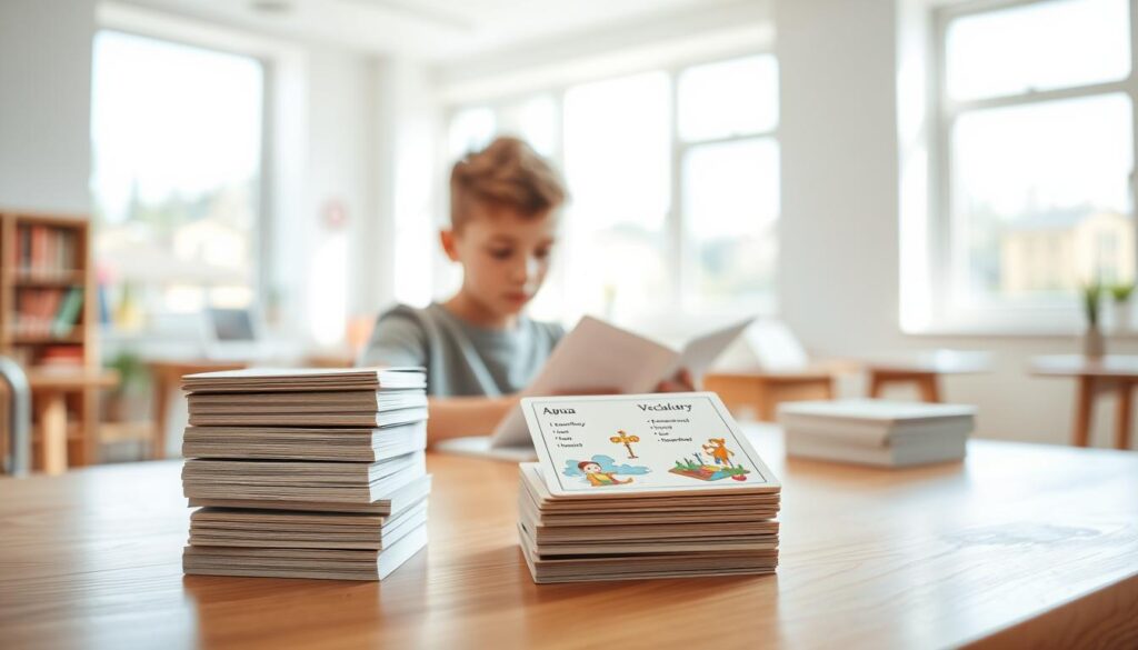 A brightly lit, clean and modern classroom setting. In the foreground, a stack of flashcards with language learning vocabulary neatly arranged on a wooden desk. The cards feature vivid illustrations and concise text. In the middle ground, a young student sits intently studying the flashcards, a look of focus and determination on their face. The background shows an abundance of natural light streaming in through large windows, framing the scene with a sense of warmth and productivity. The overall mood is one of educational engagement, with the flashcards serving as the central visual focus point that communicates the benefits of this proven language learning technique.