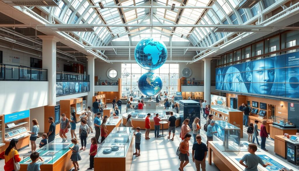 A brightly lit, spacious science museum showcasing a variety of interactive exhibits. In the foreground, visitors of all ages engage with hands-on displays, tactile models, and digital interactive stations. The middle ground features a mix of educational installations, from a towering holographic globe to an array of scientific instruments. The background is filled with a captivating mix of architectural details, natural light streaming through large windows, and the subtle hum of technology. The overall atmosphere is one of wonder, discovery, and immersive learning, encouraging visitors to explore, experiment, and expand their understanding of the world around them. A brightly lit, spacious science museum showcasing a variety of interactive exhibits. In the foreground, visitors of all ages engage with hands-on displays, tactile models, and digital interactive stations. The middle ground features a mix of educational installations, from a towering holographic globe to an array of scientific instruments. The background is filled with a captivating mix of architectural details, natural light streaming through large windows, and the subtle hum of technology. The overall atmosphere is one of wonder, discovery, and immersive learning, encouraging visitors to explore, experiment, and expand their understanding of the world around them.