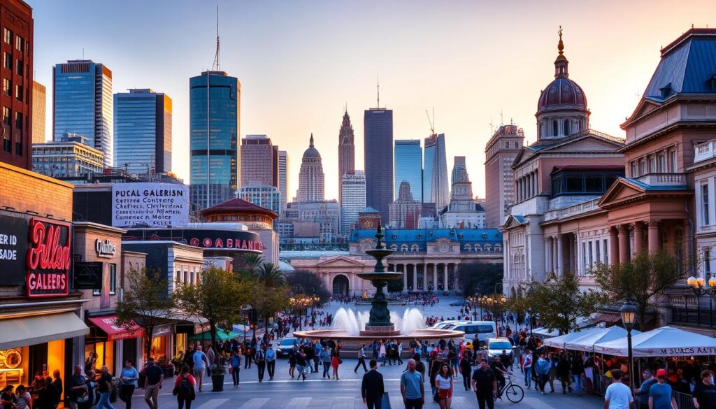 A bustling city skyline, with towering skyscrapers and historic landmarks bathed in golden evening light. In the foreground, a lively street scene, with people strolling past vibrant storefronts, outdoor cafes, and local art galleries. In the middle ground, a grand public square, with a majestic fountain and people gathering to enjoy the sights and sounds of the city. In the background, the silhouettes of iconic cultural institutions, their architectural details illuminated by the setting sun. The mood is one of energy, creativity, and a sense of discovery, inviting the viewer to explore the city's rich cultural tapestry.