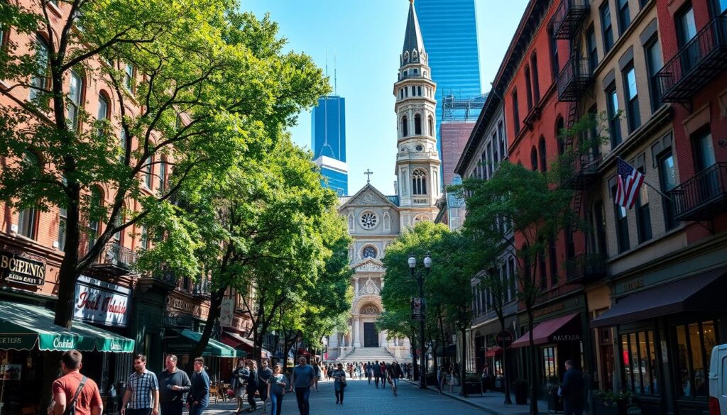A bustling city street in a historic district of New York, lined with charming brownstone buildings and cobblestone sidewalks. In the foreground, people stroll leisurely, admiring the quaint storefronts and cafes. Towering trees cast dappled sunlight, creating a warm, inviting atmosphere. In the middle ground, the iconic architecture of a landmark church or museum rises majestically, its intricate details and ornate facade capturing the essence of the city's rich history. The background is framed by the sleek, modern skyscrapers of the financial district, creating a stunning contrast between the old and the new. The overall scene evokes a sense of timeless elegance and the allure of a weekend getaway in the heart of the city. A bustling city street in a historic district of New York, lined with charming brownstone buildings and cobblestone sidewalks. In the foreground, people stroll leisurely, admiring the quaint storefronts and cafes. Towering trees cast dappled sunlight, creating a warm, inviting atmosphere. In the middle ground, the iconic architecture of a landmark church or museum rises majestically, its intricate details and ornate facade capturing the essence of the city's rich history. The background is framed by the sleek, modern skyscrapers of the financial district, creating a stunning contrast between the old and the new. The overall scene evokes a sense of timeless elegance and the allure of a weekend getaway in the heart of the city.