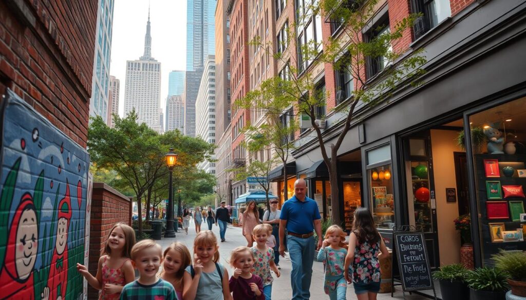 A bustling cityscape of Chicago, capturing the essence of its hidden urban adventures. In the foreground, a group of excited children exploring a quaint alleyway, their faces alight with wonder as they discover a whimsical mural adorning the brick walls. In the middle ground, pedestrians stroll along the tree-lined sidewalks, pausing to window-shop at charming boutiques and artisanal stores. Towering skyscrapers and iconic landmarks, like the Willis Tower, loom in the background, casting a warm, golden glow under the soft, diffused lighting of a late afternoon sun. The overall scene conveys a sense of adventure, discovery, and the unique charm of Chicago's vibrant urban landscape. A bustling cityscape of Chicago, capturing the essence of its hidden urban adventures. In the foreground, a group of excited children exploring a quaint alleyway, their faces alight with wonder as they discover a whimsical mural adorning the brick walls. In the middle ground, pedestrians stroll along the tree-lined sidewalks, pausing to window-shop at charming boutiques and artisanal stores. Towering skyscrapers and iconic landmarks, like the Willis Tower, loom in the background, casting a warm, golden glow under the soft, diffused lighting of a late afternoon sun. The overall scene conveys a sense of adventure, discovery, and the unique charm of Chicago's vibrant urban landscape.