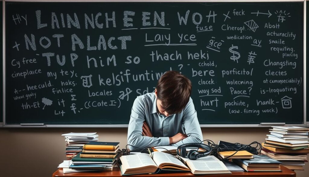 A classroom setting with a blackboard in the background, showing various language learning pitfalls depicted as distorted or crumbling letters, symbols, and phrases. In the foreground, a student sits hunched over a desk, overwhelmed by a jumbled mess of language-related items, such as textbooks, dictionaries, and tangled headphones. The lighting is harsh, creating dramatic shadows and highlighting the sense of confusion and struggle. The overall atmosphere conveys the challenges and obstacles faced by language learners, emphasizing the need to navigate and overcome these common pitfalls. A classroom setting with a blackboard in the background, showing various language learning pitfalls depicted as distorted or crumbling letters, symbols, and phrases. In the foreground, a student sits hunched over a desk, overwhelmed by a jumbled mess of language-related items, such as textbooks, dictionaries, and tangled headphones. The lighting is harsh, creating dramatic shadows and highlighting the sense of confusion and struggle. The overall atmosphere conveys the challenges and obstacles faced by language learners, emphasizing the need to navigate and overcome these common pitfalls.