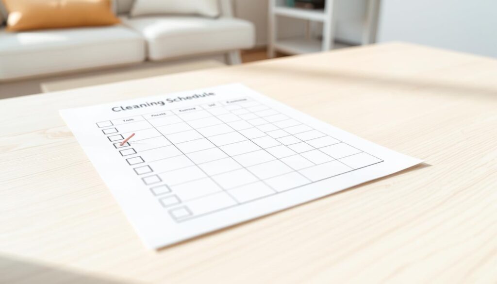A clean, organized cleaning schedule checklist with a minimalist design. The checklist is on a light-colored wooden surface, with a simple grid layout and checkboxes next to each task. The foreground is in focus, with a soft, natural lighting that casts gentle shadows. The background is blurred, suggesting a domestic interior with a neutral color palette. The overall mood is one of efficiency, productivity, and a sense of calm control over the cleaning process.