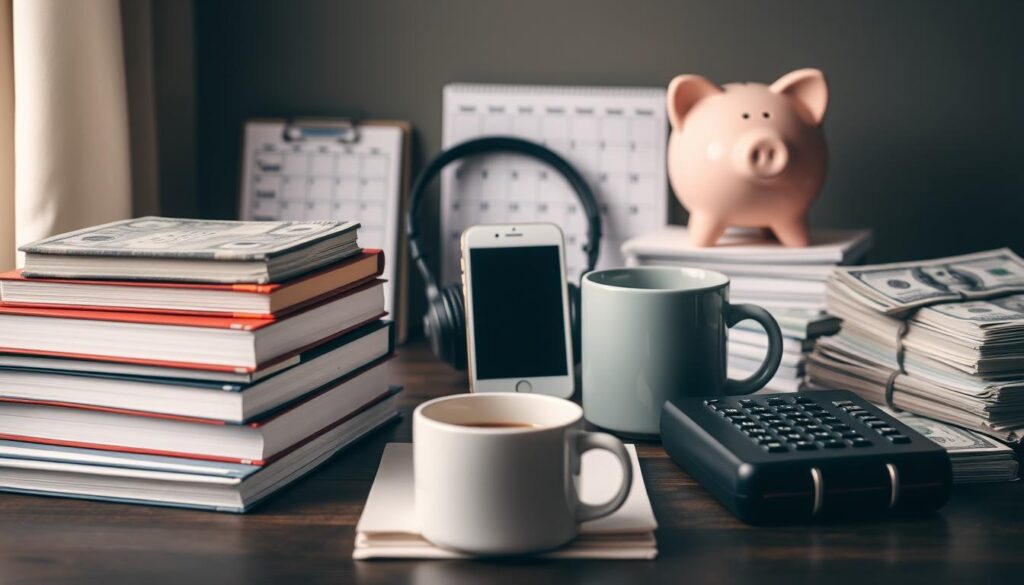 A college student's budget priorities: in the foreground, a stack of textbooks, a laptop, and a coffee mug, symbolizing the academic demands; in the middle, a smartphone, headphones, and a calendar, representing social life and extracurricular activities; in the background, a piggy bank, a calculator, and a stack of bills, depicting the financial realities of tuition, rent, and living expenses. The scene is illuminated by a warm, soft light, conveying a sense of focus and determination, while the muted colors and minimal clutter create a sense of balance and organization, reflecting the college student's need to prioritize and manage their limited resources effectively. A college student's budget priorities: in the foreground, a stack of textbooks, a laptop, and a coffee mug, symbolizing the academic demands; in the middle, a smartphone, headphones, and a calendar, representing social life and extracurricular activities; in the background, a piggy bank, a calculator, and a stack of bills, depicting the financial realities of tuition, rent, and living expenses. The scene is illuminated by a warm, soft light, conveying a sense of focus and determination, while the muted colors and minimal clutter create a sense of balance and organization, reflecting the college student's need to prioritize and manage their limited resources effectively.