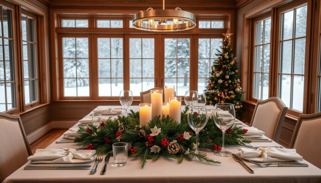A cozy and inviting dining room table, adorned with a lush evergreen garland running down the center, accented with clusters of red berries, pinecones, and delicate white floral blooms. Flickering candlelight casts a warm glow, complemented by the soft light from a modern, minimalist chandelier overhead. Elegant place settings with crisp white linens, gleaming silver flatware, and delicate crystal glassware create an atmosphere of refined holiday elegance. The scene is framed by large windows, offering a view of a snowy winter landscape outside, heightening the festive and serene ambiance. A cozy and inviting dining room table, adorned with a lush evergreen garland running down the center, accented with clusters of red berries, pinecones, and delicate white floral blooms. Flickering candlelight casts a warm glow, complemented by the soft light from a modern, minimalist chandelier overhead. Elegant place settings with crisp white linens, gleaming silver flatware, and delicate crystal glassware create an atmosphere of refined holiday elegance. The scene is framed by large windows, offering a view of a snowy winter landscape outside, heightening the festive and serene ambiance.