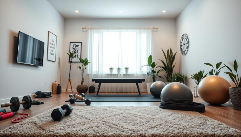 A cozy and inviting home workout space with a plush exercise mat in the foreground, surrounded by essential equipment like dumbbells, resistance bands, and a stability ball. The middle ground features a minimalist workout bench and a sleek, wall-mounted TV for following along with online fitness programs. The background showcases a large window flooding the room with natural light, creating a bright and airy atmosphere. The space is adorned with motivational wall art and potted plants, exuding a sense of tranquility and balance. The overall composition conveys a well-designed, functional, and visually appealing home gym setup. A cozy and inviting home workout space with a plush exercise mat in the foreground, surrounded by essential equipment like dumbbells, resistance bands, and a stability ball. The middle ground features a minimalist workout bench and a sleek, wall-mounted TV for following along with online fitness programs. The background showcases a large window flooding the room with natural light, creating a bright and airy atmosphere. The space is adorned with motivational wall art and potted plants, exuding a sense of tranquility and balance. The overall composition conveys a well-designed, functional, and visually appealing home gym setup.