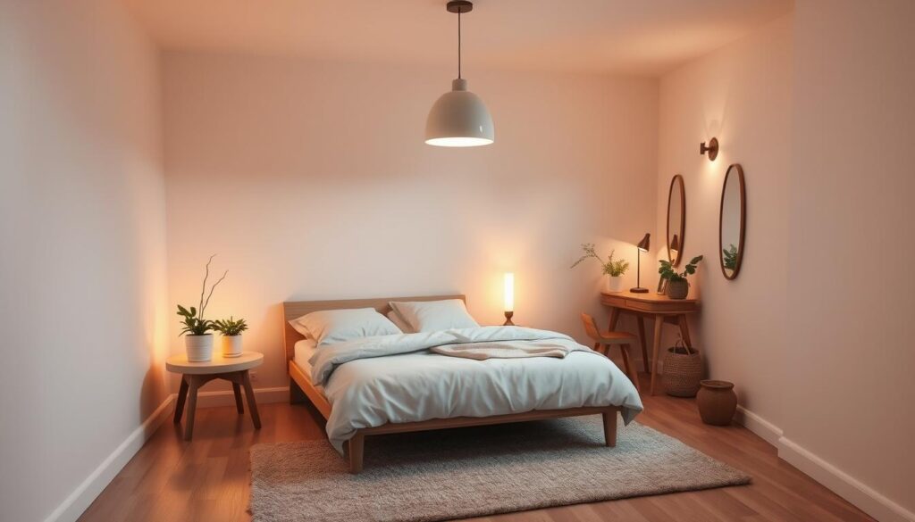 A cozy and inviting small bedroom with warm, soft lighting. The room has a minimalist, Scandinavian-inspired design with a low platform bed, nightstands, and a small desk or vanity in the corner. The walls are painted in a soothing neutral color, and the floor is covered in a plush, textured rug. Soft, natural textures like linen, wood, and potted plants create a serene and calming atmosphere. The lighting is a mix of a pendant lamp and sconces, casting a gentle glow that enhances the cozy ambiance. The overall feel is one of tranquility and comfort, perfectly suited for a restful and rejuvenating sleep. A cozy and inviting small bedroom with warm, soft lighting. The room has a minimalist, Scandinavian-inspired design with a low platform bed, nightstands, and a small desk or vanity in the corner. The walls are painted in a soothing neutral color, and the floor is covered in a plush, textured rug. Soft, natural textures like linen, wood, and potted plants create a serene and calming atmosphere. The lighting is a mix of a pendant lamp and sconces, casting a gentle glow that enhances the cozy ambiance. The overall feel is one of tranquility and comfort, perfectly suited for a restful and rejuvenating sleep.