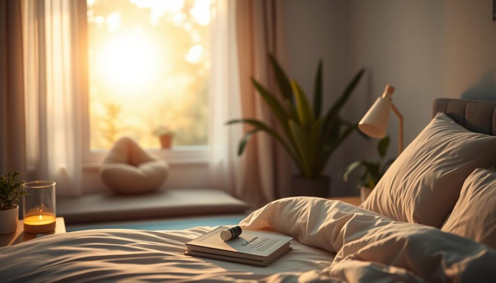 A cozy bedroom scene illuminated by soft, warm lighting. In the foreground, a comfortable bed with plush bedding and pillows, inviting a restful sleep. On the nightstand, a soothing essential oil diffuser and a book on sleep hygiene. In the middle ground, a meditation cushion and a yoga mat, suggesting relaxation practices. The background features a serene nature scene, with lush plants and a calming color palette, creating a tranquil atmosphere. The overall composition conveys a sense of peaceful serenity, encouraging self-care and healthy sleep habits. A cozy bedroom scene illuminated by soft, warm lighting. In the foreground, a comfortable bed with plush bedding and pillows, inviting a restful sleep. On the nightstand, a soothing essential oil diffuser and a book on sleep hygiene. In the middle ground, a meditation cushion and a yoga mat, suggesting relaxation practices. The background features a serene nature scene, with lush plants and a calming color palette, creating a tranquil atmosphere. The overall composition conveys a sense of peaceful serenity, encouraging self-care and healthy sleep habits.
