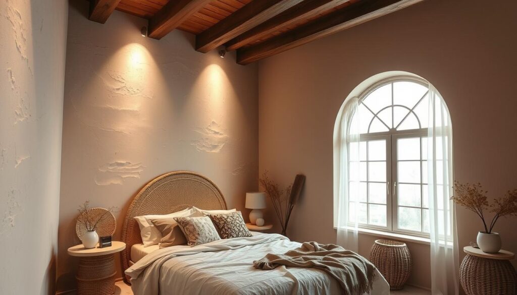 A cozy bedroom with a focal wall featuring textured plaster, woven rattan accents, and warm recessed lighting. Soft, earthy tones create a soothing ambiance. The wall texture appears layered and tactile, adding depth and visual interest. A large arched window lets in natural light, casting a gentle glow across the space. Minimal decor allows the architectural details to shine. The overall mood is calming, welcoming, and effortlessly stylish. A cozy bedroom with a focal wall featuring textured plaster, woven rattan accents, and warm recessed lighting. Soft, earthy tones create a soothing ambiance. The wall texture appears layered and tactile, adding depth and visual interest. A large arched window lets in natural light, casting a gentle glow across the space. Minimal decor allows the architectural details to shine. The overall mood is calming, welcoming, and effortlessly stylish.