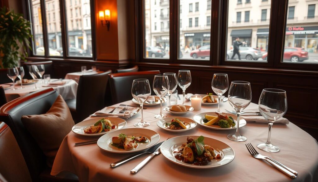 A cozy, intimate dining room with warm, soft lighting and a view of a bustling city street outside. The table is set with fine porcelain, crystal stemware, and crisp white linens. A selection of gourmet dishes is arranged artfully, featuring locally sourced ingredients and intricate plating. The atmosphere is one of refined elegance and culinary sophistication, inviting diners to savor every bite and sip. In the background, a wall of windows offers a glimpse of the vibrant urban landscape, hinting at the broader cultural and gastronomic experiences awaiting the foodie traveler. A cozy, intimate dining room with warm, soft lighting and a view of a bustling city street outside. The table is set with fine porcelain, crystal stemware, and crisp white linens. A selection of gourmet dishes is arranged artfully, featuring locally sourced ingredients and intricate plating. The atmosphere is one of refined elegance and culinary sophistication, inviting diners to savor every bite and sip. In the background, a wall of windows offers a glimpse of the vibrant urban landscape, hinting at the broader cultural and gastronomic experiences awaiting the foodie traveler.